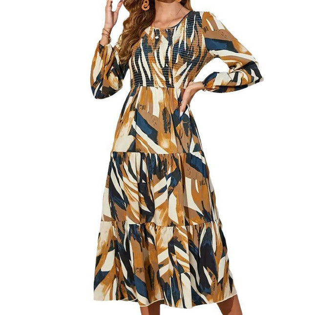 Women's Midi Dress Long Sleeve Floral Smocked Crew Neck Ruffled Flowy Long Dresses