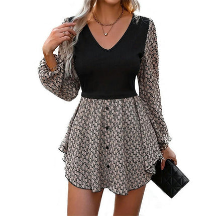 Women's Elegant V Neck Mini Dress Long Sleeve Ruffle Hem A-Line Flowy Swing Short Dress