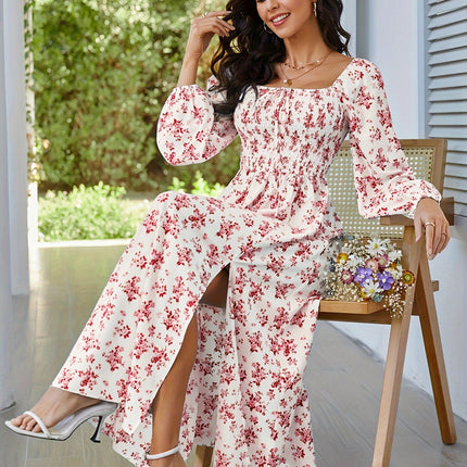 Women's Boho Floral Long Sleeve Square Neck Smocked High Waist Flowy A Line Split Maxi Dress