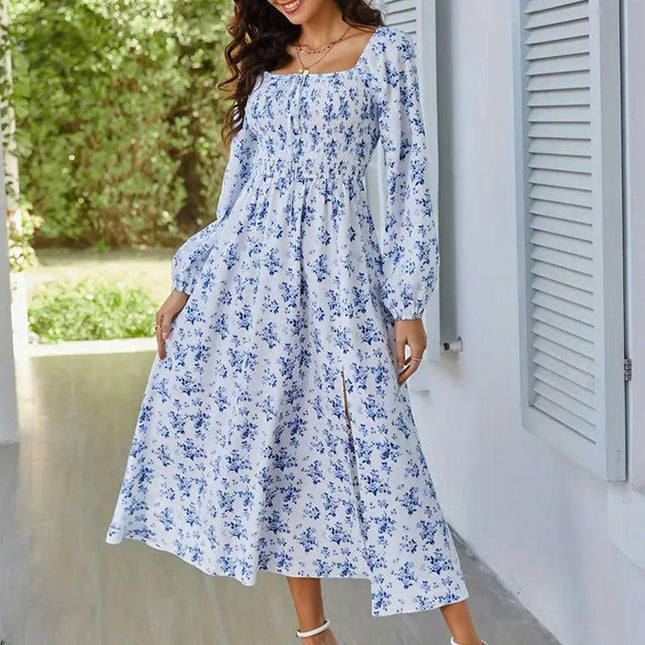 Women's Boho Floral Long Sleeve Square Neck Smocked High Waist Flowy A Line Split Maxi Dress