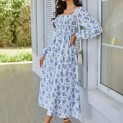 Women's Boho Floral Long Sleeve Square Neck Smocked High Waist Flowy A Line Split Maxi Dress