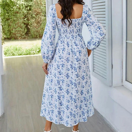 Women's Boho Floral Long Sleeve Square Neck Smocked High Waist Flowy A Line Split Maxi Dress