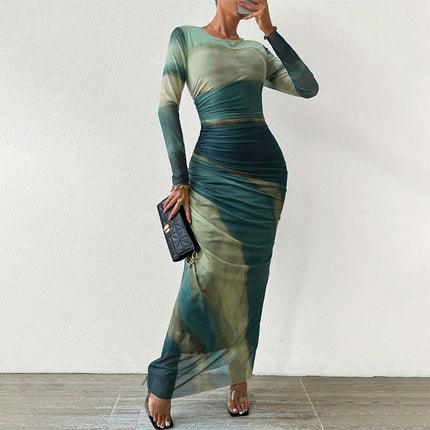 Women's Bodycon Maxi Dress Long Sleeve Tie Dye Tight Fitted Party Club Ruched Dresses