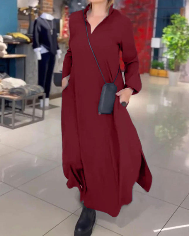 Womens Maxi Dresses Long Sleeve V Neck Casual Split Loose Long Dress with Pockets