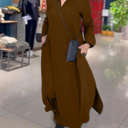 Womens Maxi Dresses Long Sleeve V Neck Casual Split Loose Long Dress with Pockets