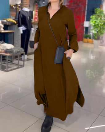 Womens Maxi Dresses Long Sleeve V Neck Casual Split Loose Long Dress with Pockets