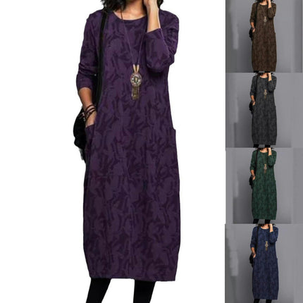 Womens Maxi Dresses Long Sleeve Crew Neck Casual Loose Long Dress with Pockets