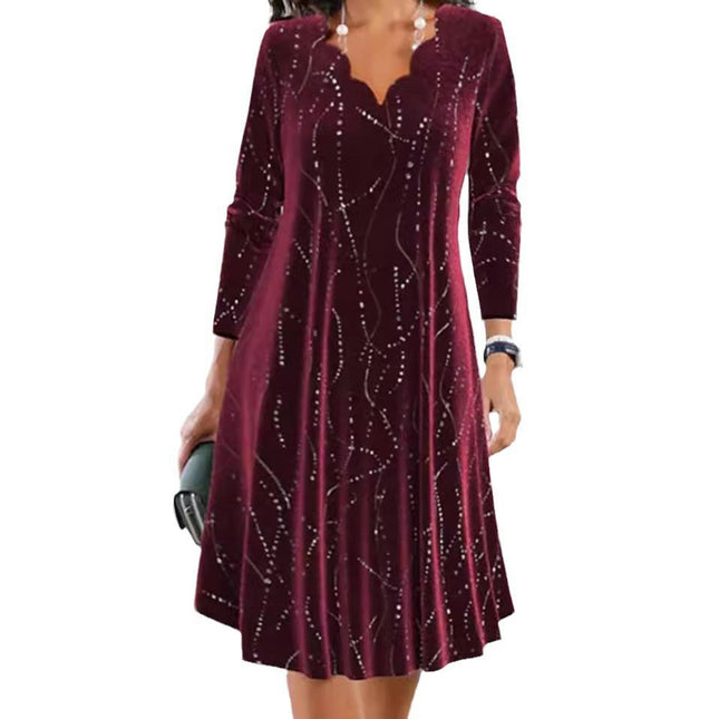 Women's V Neck Velvet Long Sleeve Dress Ruched Sequin Elegant Midi Dresses