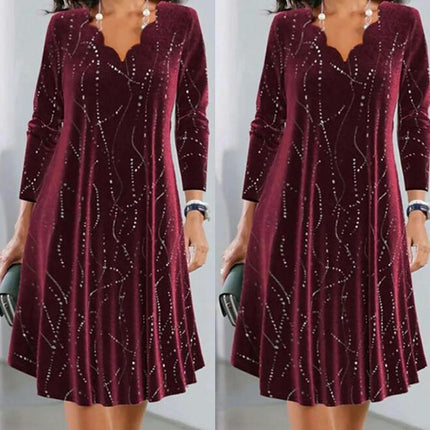 Women's V Neck Velvet Long Sleeve Dress Ruched Sequin Elegant Midi Dresses