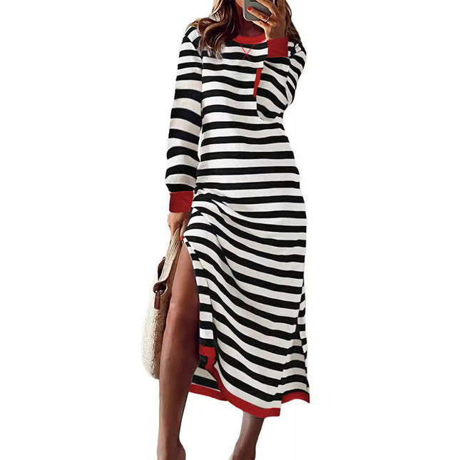 Womens Long Sleeve Crewneck Dress Sriped Loose Fit Slit Maxi Dresses