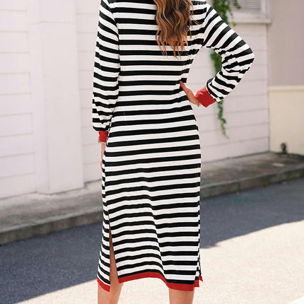 Womens Long Sleeve Crewneck Dress Sriped Loose Fit Slit Maxi Dresses