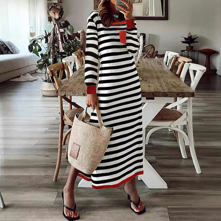 Womens Long Sleeve Crewneck Dress Sriped Loose Fit Slit Maxi Dresses