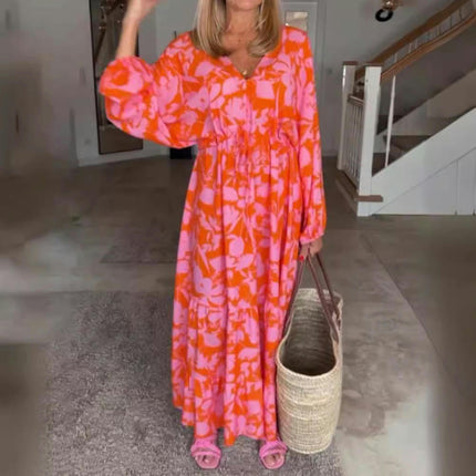 Womens Casual Long Sleeve Boho Floral Long Dress V Neck Tie Waist Maxi Dresses