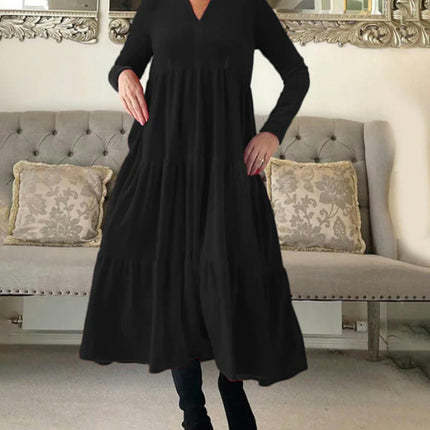 Womens Long Sleeve V Neck Midi Dress Casual Boho Tiered Ruffle Flowy Long Dresses