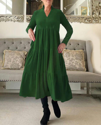 Womens Long Sleeve V Neck Midi Dress Casual Boho Tiered Ruffle Flowy Long Dresses