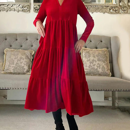 Womens Long Sleeve V Neck Midi Dress Casual Boho Tiered Ruffle Flowy Long Dresses