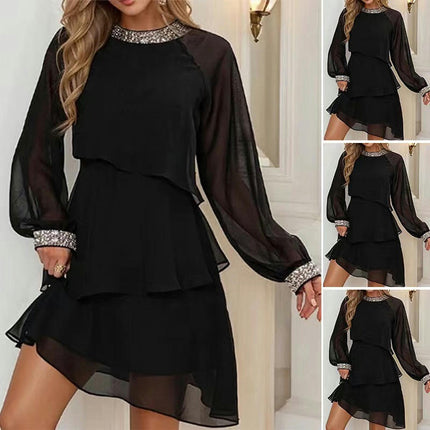 Mini Dress for Women Long Sleeve Crew Neck Layered Ruffle Boho Casual Flowy Dresses