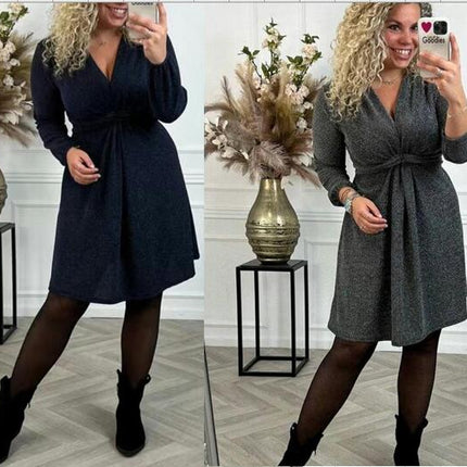 Women's Casual Spring Fall Dresses Long Sleeve V Neck Ruched A Line Dress