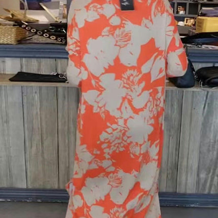 Womens Casual Long Sleeve Floral Maxi Dresses Crew Neck Split Loose Long Dress