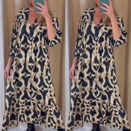 Womens Long Sleeve V Neck Dress Casual Leopard Print Ruffle Flowy Long Dresses