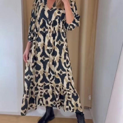 Womens Long Sleeve V Neck Dress Casual Leopard Print Ruffle Flowy Long Dresses