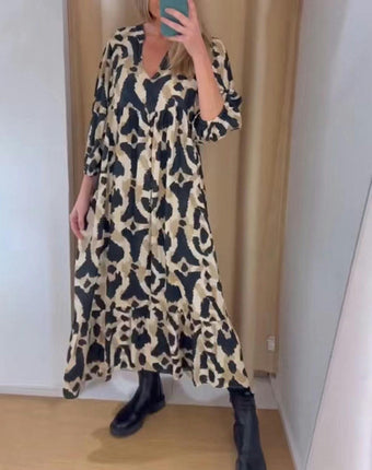 Womens Long Sleeve V Neck Dress Casual Leopard Print Ruffle Flowy Long Dresses