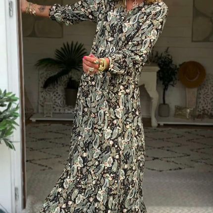 Women's Boho Print Dresses Long Sleeve V Neck Casual Flowy Party Maxi Dress