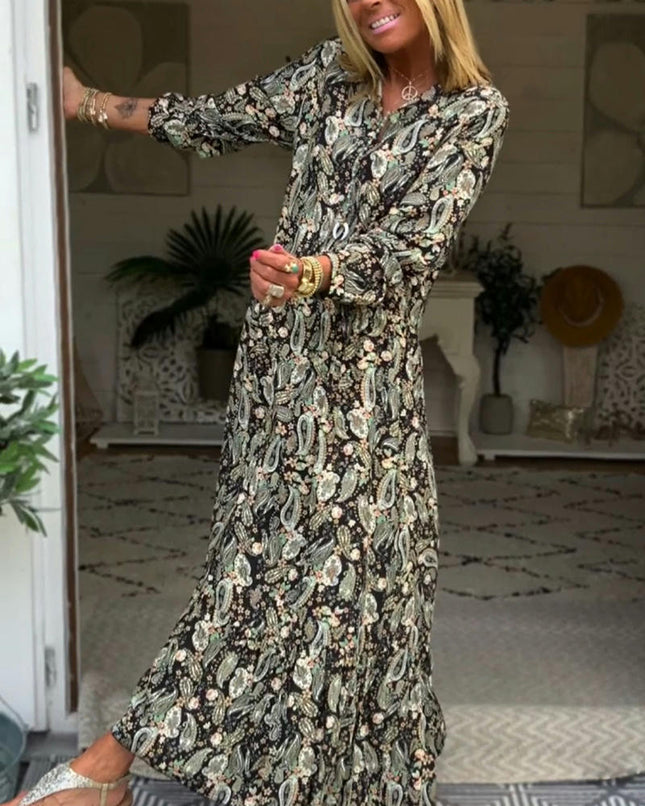 Women's Boho Print Dresses Long Sleeve V Neck Casual Flowy Party Maxi Dress