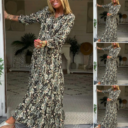 Women's Boho Print Dresses Long Sleeve V Neck Casual Flowy Party Maxi Dress