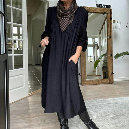 Womens Fall Long Sleeve Tunic Dress Casual V Neck Loose Pleated Midi Dress