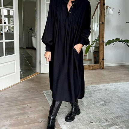 Womens Fall Long Sleeve Tunic Dress Casual V Neck Loose Pleated Midi Dress