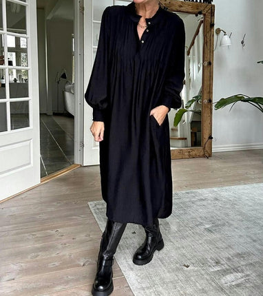 Womens Fall Long Sleeve Tunic Dress Casual V Neck Loose Pleated Midi Dress