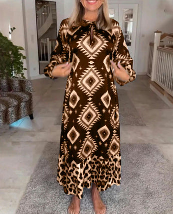 Women's Casual Long Sleeve Dresses Round Neck Print Flowy Maxi Dress