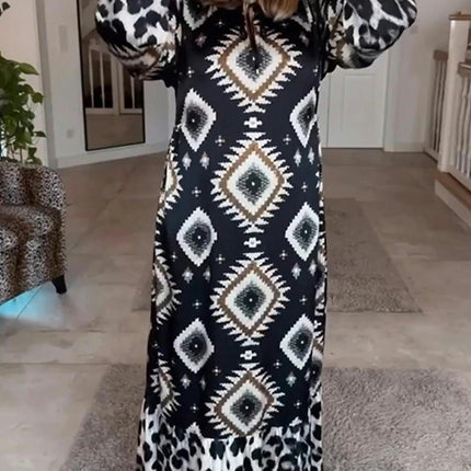 Women's Casual Long Sleeve Dresses Round Neck Print Flowy Maxi Dress