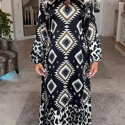 Women's Casual Long Sleeve Dresses Round Neck Print Flowy Maxi Dress