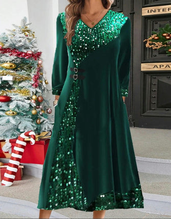 Womens Long Sleeve V Neck Velvet Midi Dresses A Line Flowy  Cocktail Party Dress