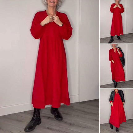 Women's Casual Maxi Dresses V-Neck Long Sleeve A Line Flowy Long Dress