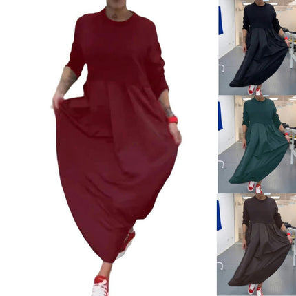 Women's Crew Neck Maxi Dress Long Sleeve Elegant Long Dress  Flowy Swing Patchwork Dresses