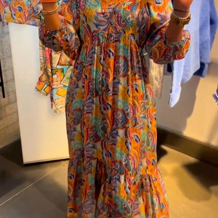 Women's Floral V Neck Maxi Dress Long Sleeve A Line Boho Casual Long Beach Dress