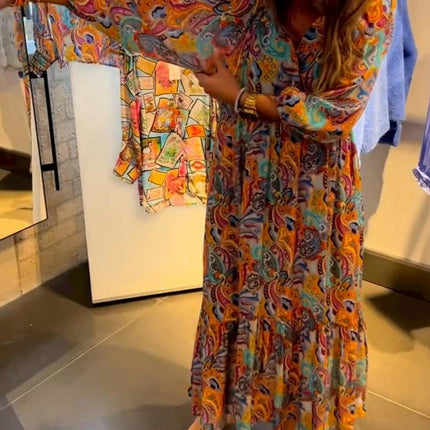 Women's Floral V Neck Maxi Dress Long Sleeve A Line Boho Casual Long Beach Dress