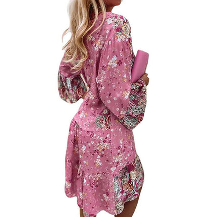 Womens Mini Dresses Boho Floral V Neck Long Sleeve Ruffle Tiered Short Dress