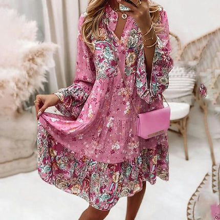 Womens Mini Dresses Boho Floral V Neck Long Sleeve Ruffle Tiered Short Dress