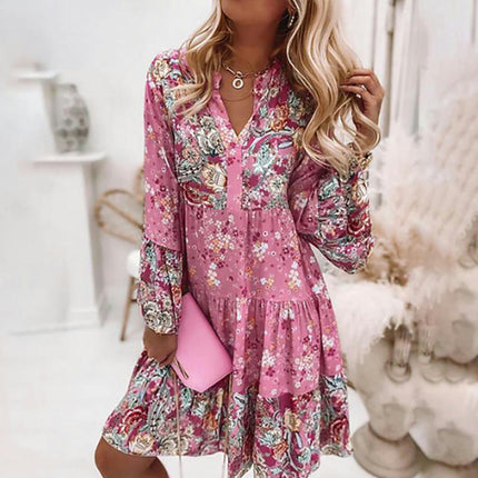 Womens Mini Dresses Boho Floral V Neck Long Sleeve Ruffle Tiered Short Dress