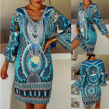 Women Casual Mini Dress V Neck Long Sleeve Short Print A Line Dresses