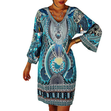 Women Casual Mini Dress V Neck Long Sleeve Short Print A Line Dresses