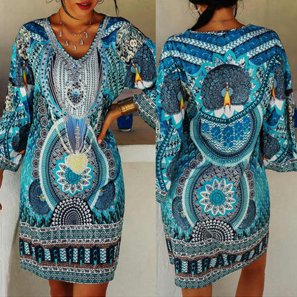 Women Casual Mini Dress V Neck Long Sleeve Short Print A Line Dresses