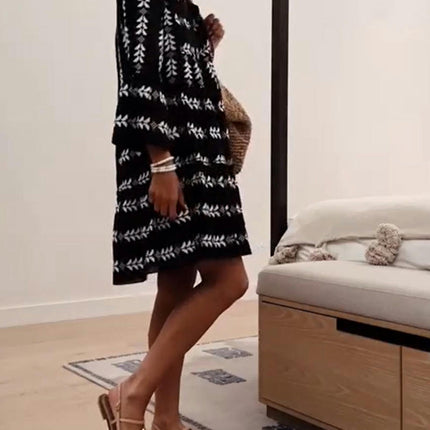 Women Casual Mini Dress V Neck Long Sleeve Print A Line Flowy Short Dresses