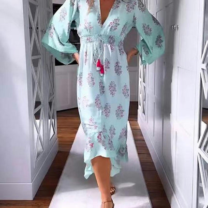 Women's Floral Long Sleeve Midi Dress Casual V Neck Smocked Waist Flowy Boho Beach Dresses