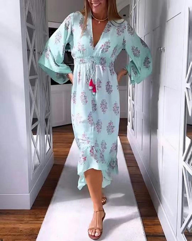 Women's Floral Long Sleeve Midi Dress Casual V Neck Smocked Waist Flowy Boho Beach Dresses