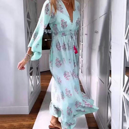 Women's Floral Long Sleeve Midi Dress Casual V Neck Smocked Waist Flowy Boho Beach Dresses